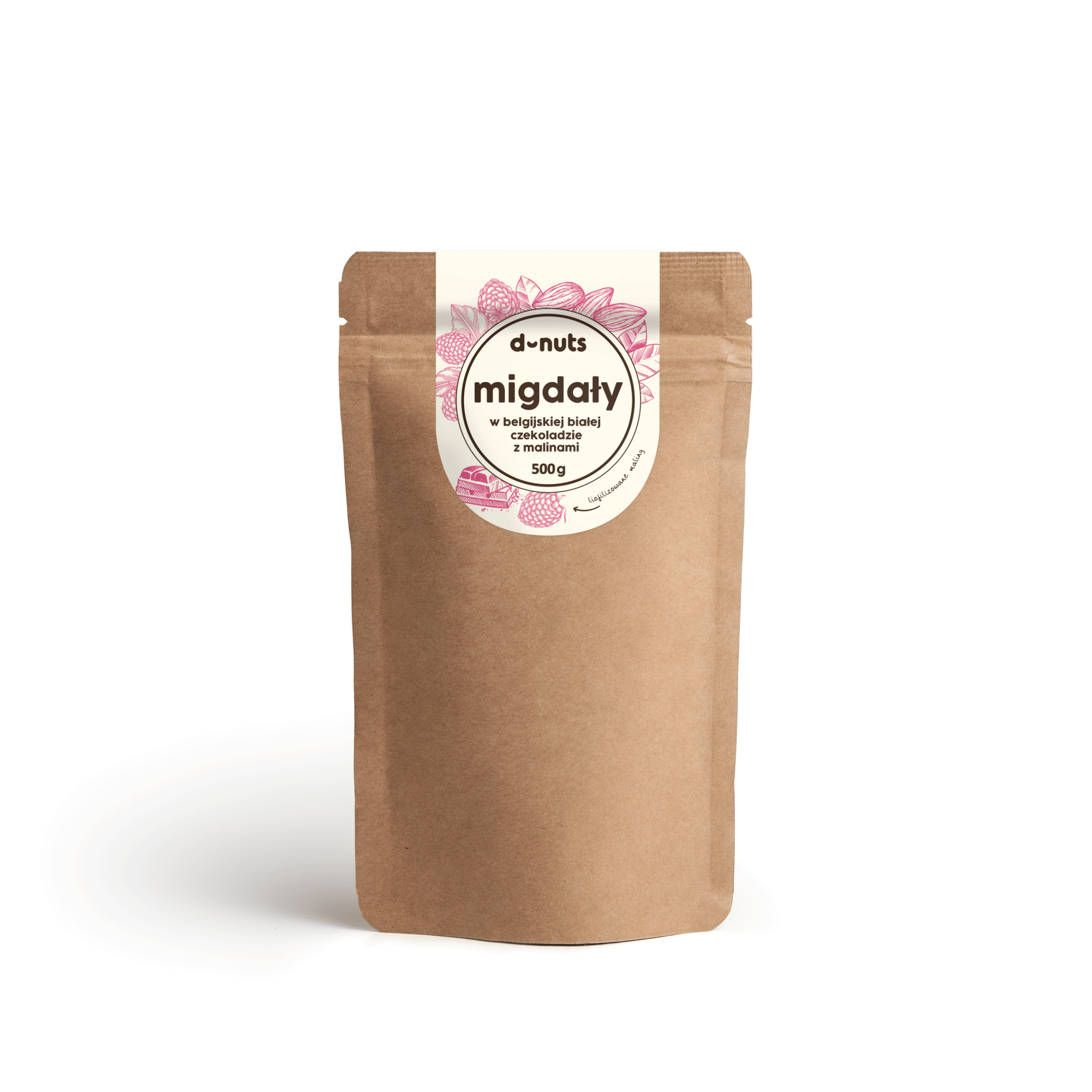 Migdały w belgijskiej białej czekoladzie z liofilizowanymi malinami 500 g